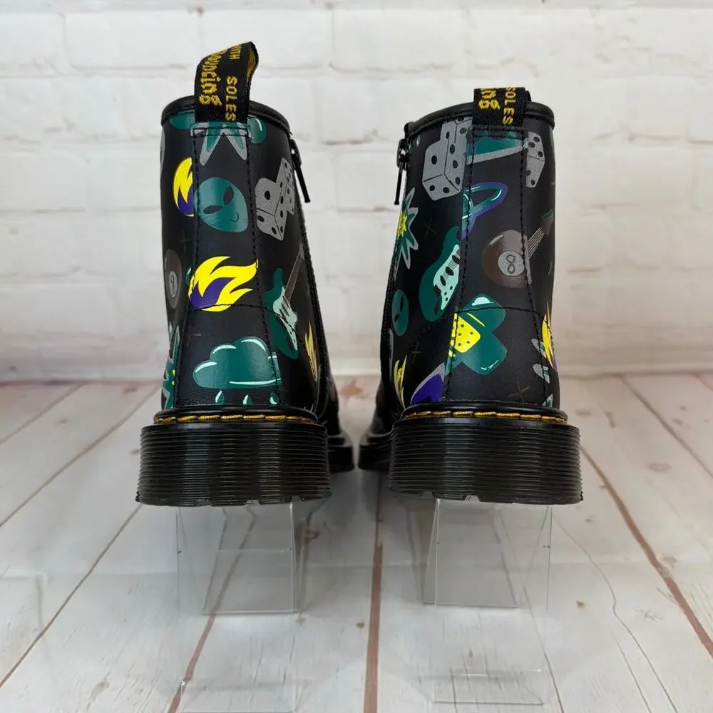 Dr. Martens Junior 1460 Sticker Print Leather Lace Up Black Boots Size 4 M/5 L